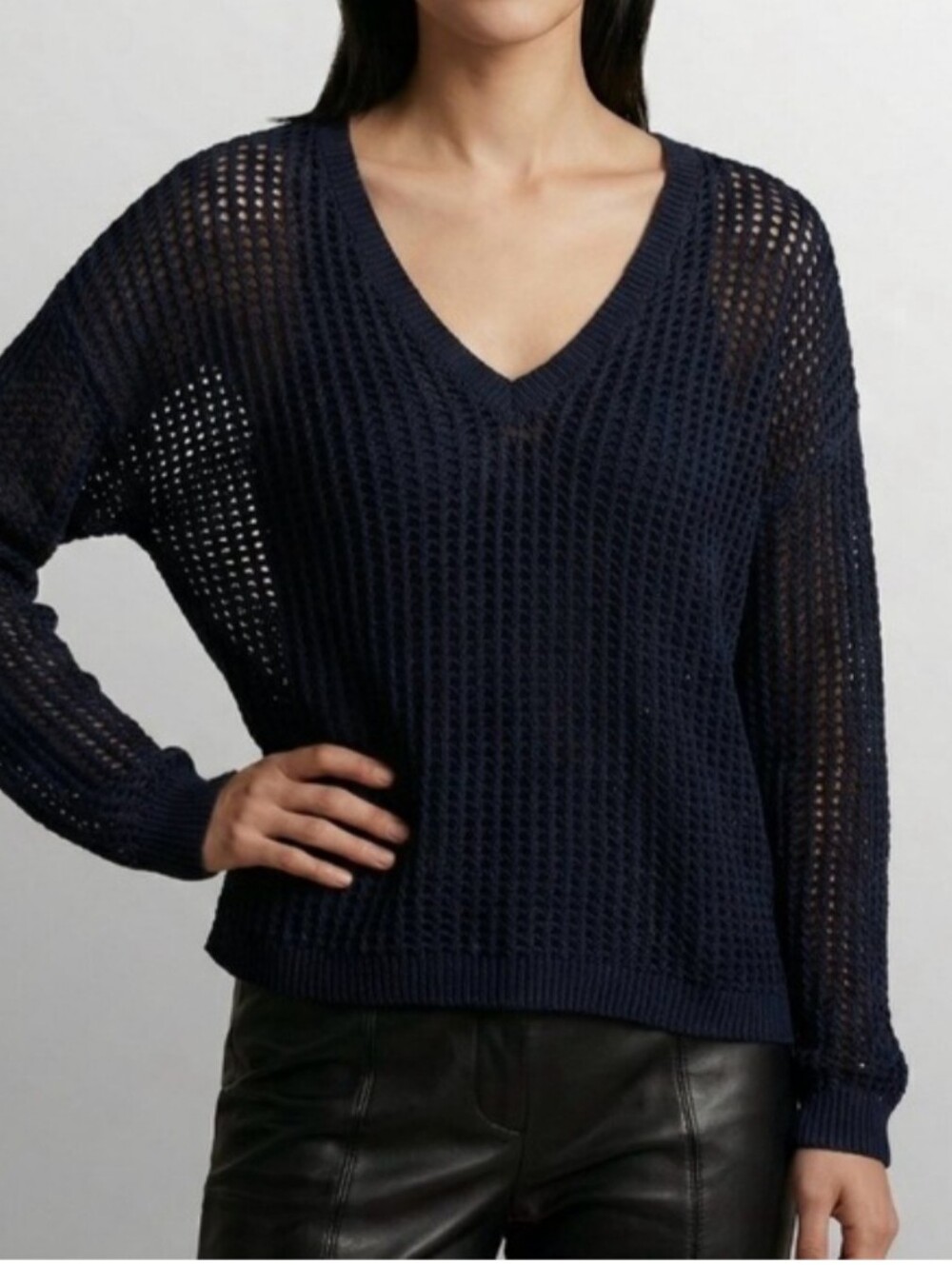 Vince Grid Mesh Open Knit V-Neck Navy Blue Sweater XS